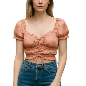 Tiger Mist Pink Metallic Ruched Cinched Short Puff Sleeve Crop Blouse Top Size M